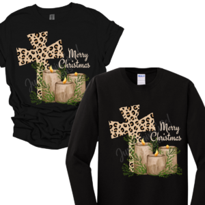 Leopard Cross and Candles Christmas Short/Long Sleeve Adult Tee