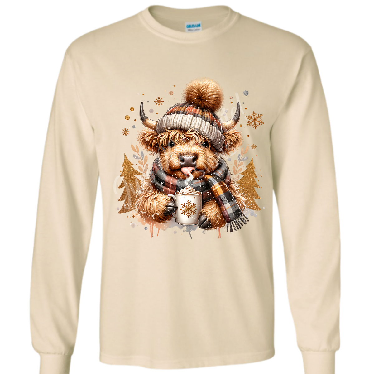 Highland Cow with Cocoa Long/Short Sleeve Adult Tee - Image 3