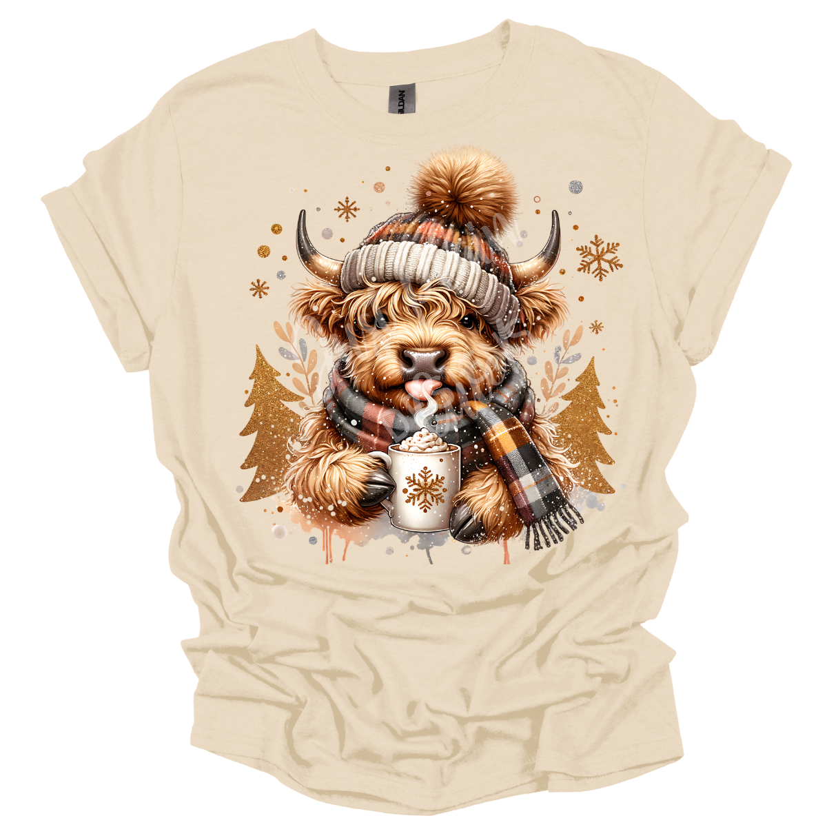 Highland Cow with Cocoa Long/Short Sleeve Adult Tee - Image 2