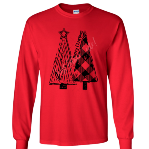 Whimsical Black Christmas Trees on Red Long Sleeve Adult Tee